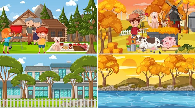 Vector set of different nature scenes background with many people