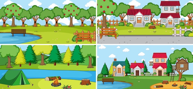 Set of different nature scenes cartoon style