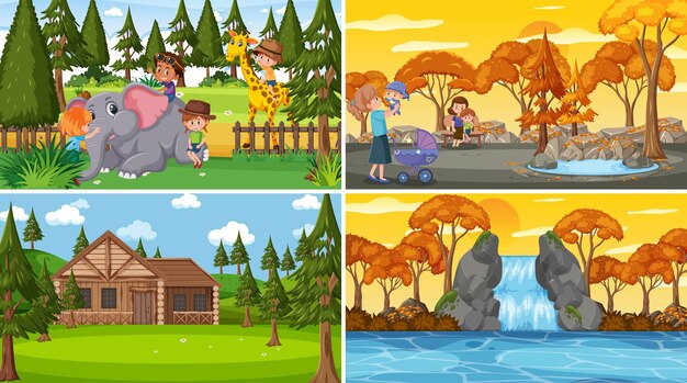 Vector set of different nature scenes cartoon style