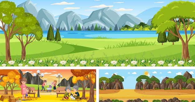 Vector set of different outdoor panoramic landscape scenes with cartoon character