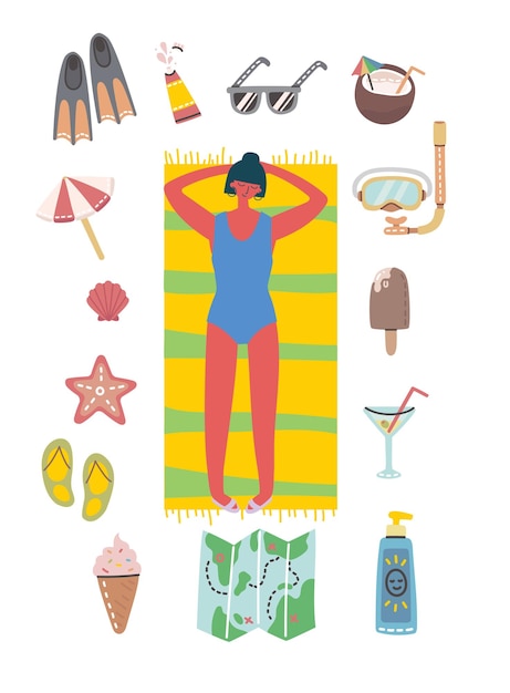 Vector set of different  summer travel people and icons