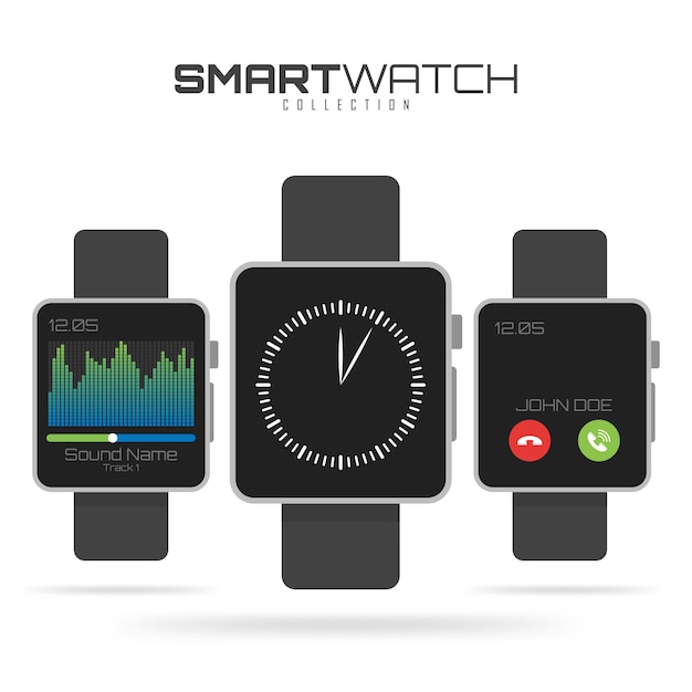 Vector set of different types of smart watches.