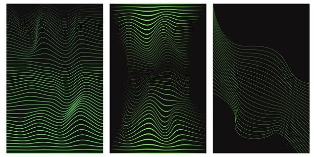 Set of distorted pattern of green neon lines on a black background Abstract glitch background Retr