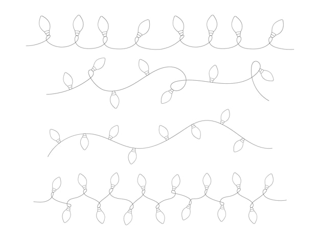 Vector set of doodle line drawn christmas garland with light bulbs outline black holiday decoration isolated on white minimalist simple festive design element