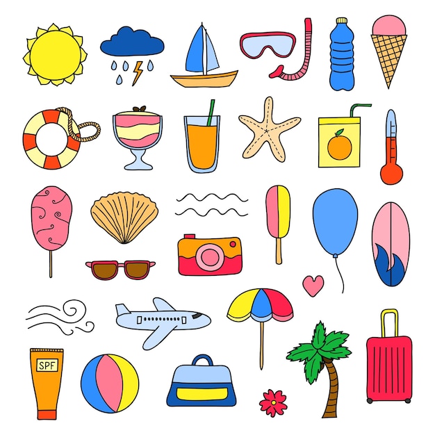 Set of doodle summer and vacation items