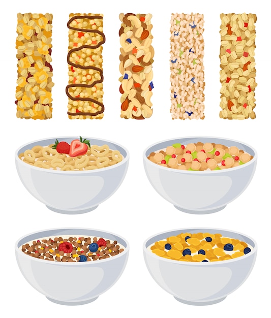 Set of dry muesli and cereal with fruit.