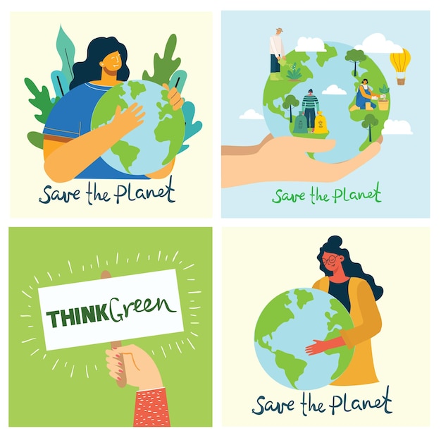 Set of eco save environment pictures. People taking care of planet.