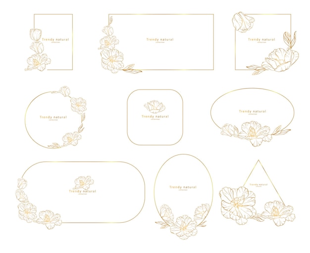 Vector set of elegant golden floral logo elements frame corners and branch boho hand drawn line herb leaves