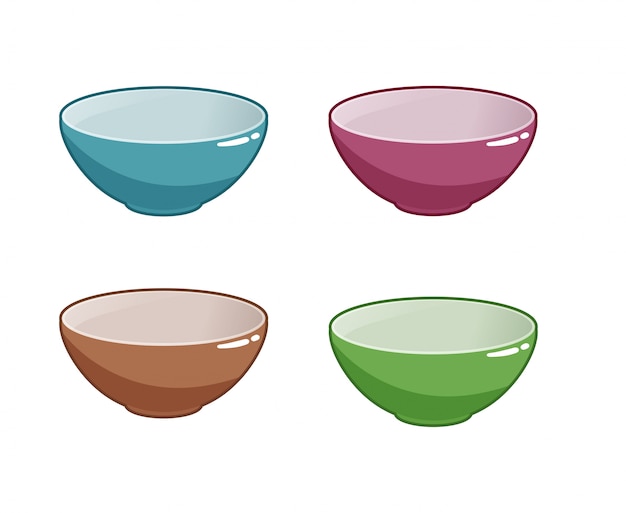 Set of empty bowls of different colors isolated on white