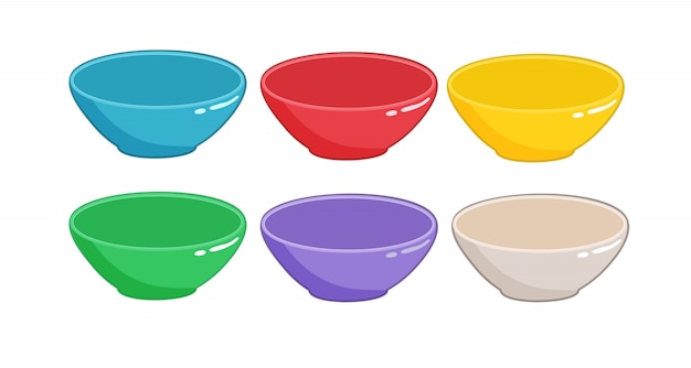 Set of empty bowls of different colors isolated 