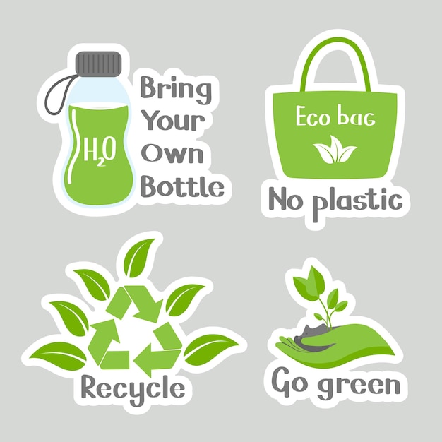 Vector set of environmental awareness stickers with slogan flat design eco concepts collection icons