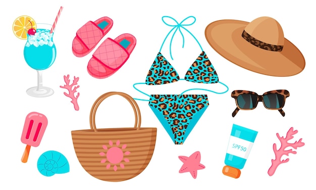 Vector set of fashion accessories from the sun summer set blue leopard swimsuit hat sunscreen slippers