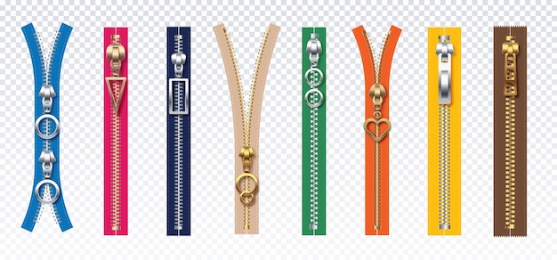 Set of fashion zippers Elements of clothing and apparel on copy space Trend and style Colorful parts of bags Realistic isometric vector collection isolated on transparent background