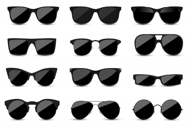 Vector set of fashionable black sunglasses on white background