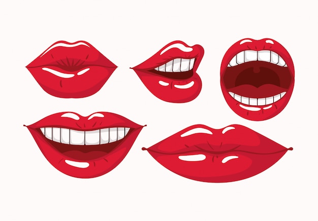 Set of female lips pop art style