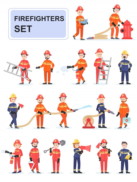 Vector set of firefighters doing their job.