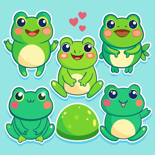 Vector set of five cute cartoon frogs with big eyes pink cheeks and a green body