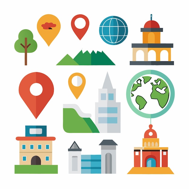 Vector set of flat design icons about travel and location with pin tree mountain building and earth