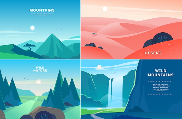 set of flat summer landscape illustrations