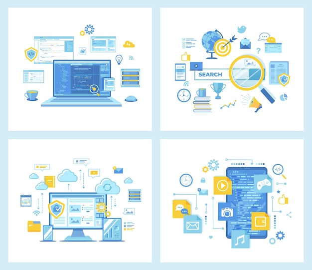 Vector set of flat vector illustrations for web development programming coding web search technology sear