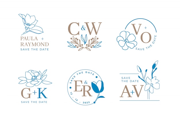 Set of floral wedding logos and monogram with elegant leaves for invitation save the date card design. Botanical  illustration