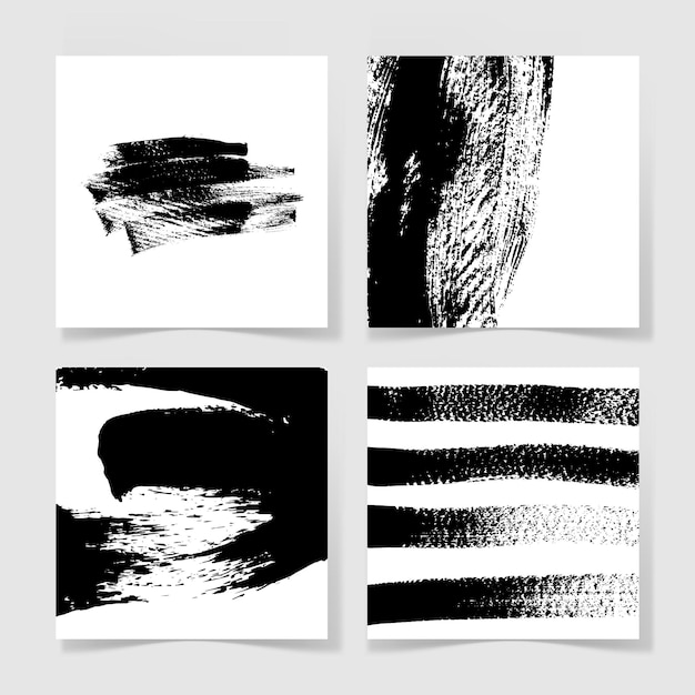 Vector set of four black ink brushes grunge square pattern hand drawing background collection