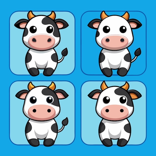 Vector set of four cute cartoon cows with big eyes and black and white spots