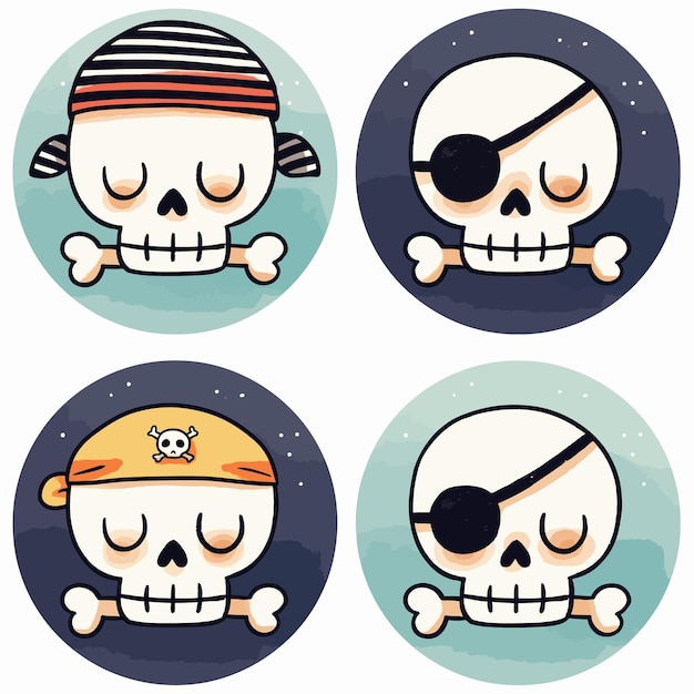 Vector set of four cute cartoon skulls with pirate themes featuring different styles playful expressions