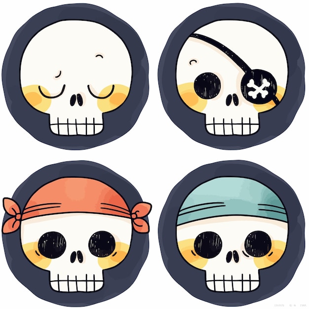 Vector set of four cute cartoon skulls with pirate themes featuring different styles playful expressions