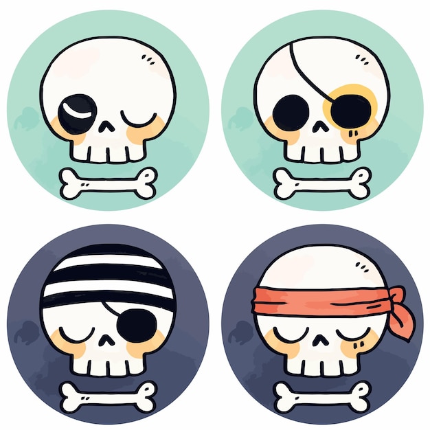 Vector set of four cute cartoon skulls with pirate themes featuring different styles playful expressions