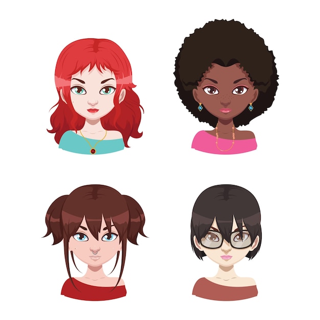 Set of four fashionable diverse women avatars