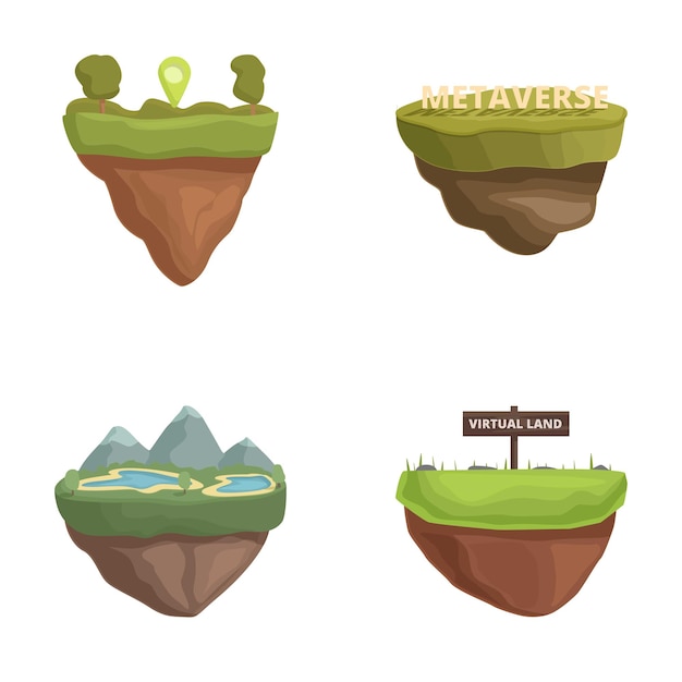 Vector set of four stylized floating islands representing virtual worlds and metaverse concepts