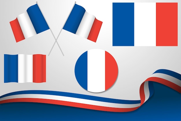 Set of France flags in different designs icon flaying flags with ribbon with background.