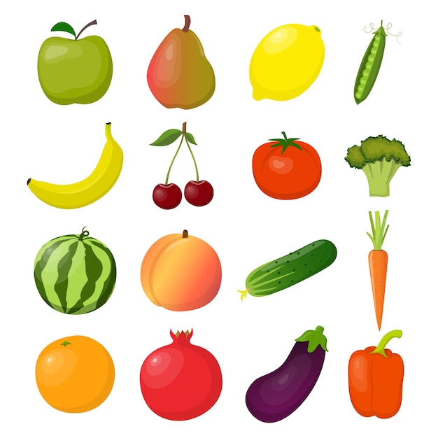 Set of fresh fruits and vegetables bright and colorful isolated on white Vector flat illustration