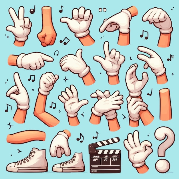 Vector set of funny arms and legs cartoon wrists in white gloves with various gestures feet of standing