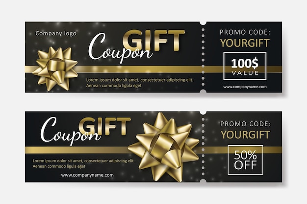 Set of gift coupons with golden ribbons and bows Template for a festive gift voucher invitation and certificate Vector Illustration