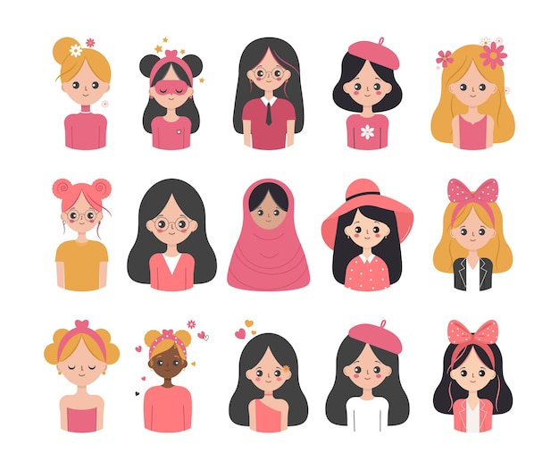 Vector set of girls in cartoon style with different hairstyles and clothes