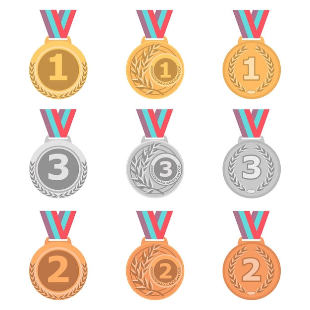 Set of gold, silver and bronze medals in different style.