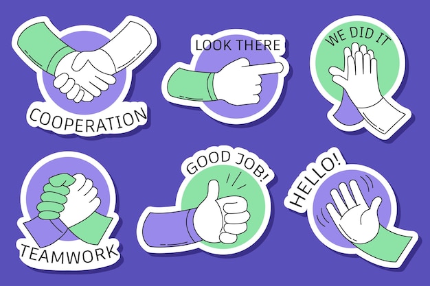 Vector set of great job stickers in flat cartoon design the stickers depicting support and motivation