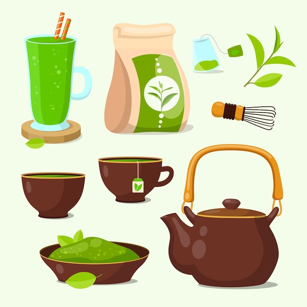 Vector set of green matcha tea