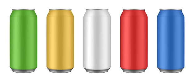 Set of green yellow white red and blue tin cans of beer energy drink juice or soda Cold beverage