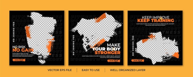 Vector set of grunge gym and fitness social media post template