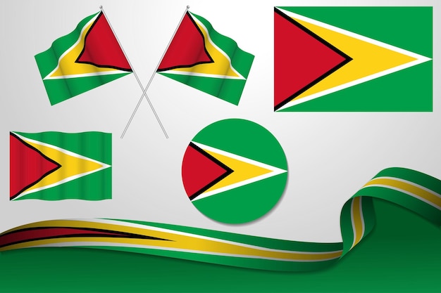 Set Of Guyana Flags In Different Designs, Icon, Flaying Flags And ribbon With Background.