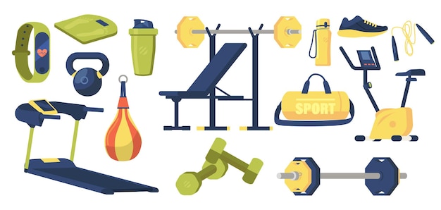 Set of Gym Elements Sport Bag, Dumbbells, Barbell and Scales, Punching Bag, Shaker, Chair and Sneakers, Treadmill, Bicycle and Jump Rope with Smart Watch and Water Bottle. Cartoon Vector Illustration