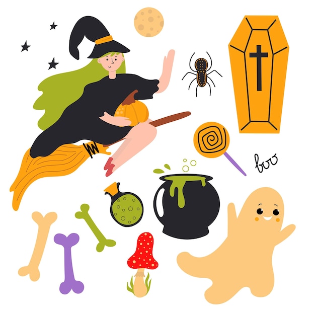 Set of Halloween elements with witch flying on broomstick  Cute flat illustration Nursery design