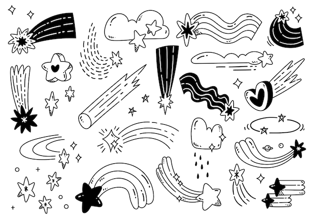 Set of Hand Drawn Cartoon Shooting Star Doodle