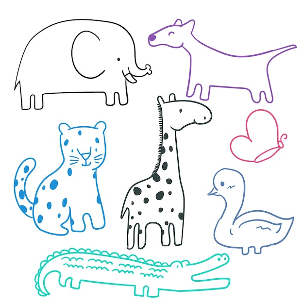 Vector set of hand drawn cute animals