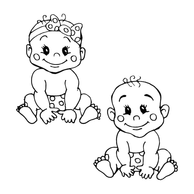 Set of hand drawn cute babies, contour 
