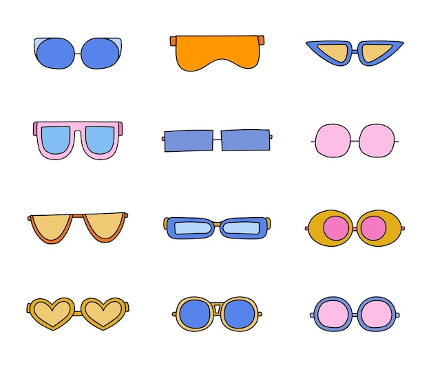 Vector set of hand drawn doodle sunglasses against bright sun and ultraviolet