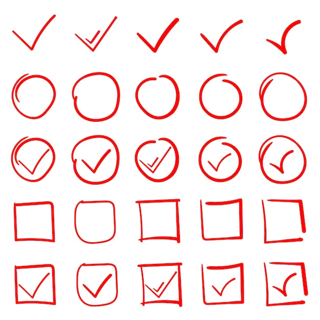 Set of hand drawn highlight red circles and check mark icons Free Vector